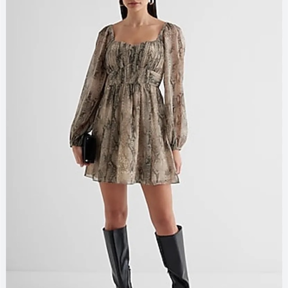 Express Snakeskin Print Babydoll Mini Dress
